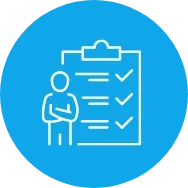 Blue circular compliance icon featuring a figure beside a checklist with tick marks