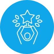 Blue circular excellence icon featuring a figure holding a star trophy with laurel leaves