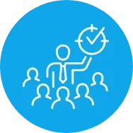 Blue circular leadership icon featuring a figure leading a team with a clock