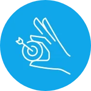 Blue circular precision icon showing a hand holding a target with an arrow