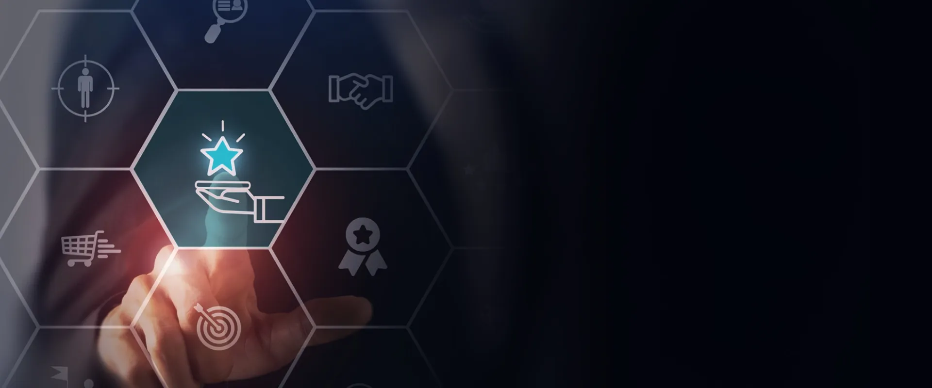 A hand selecting a glowing star icon from a digital interface
