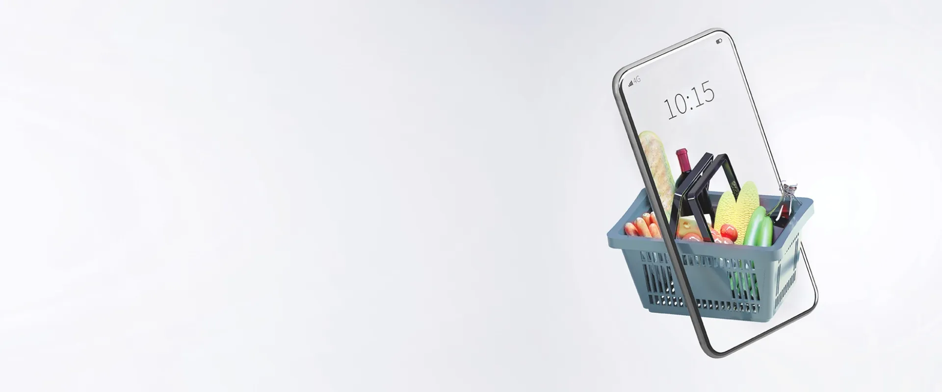 A smartphone integrated with a shopping basket full of groceries