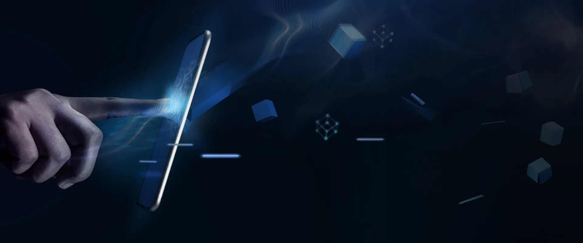 A hand interacting with a glowing digital touchscreen