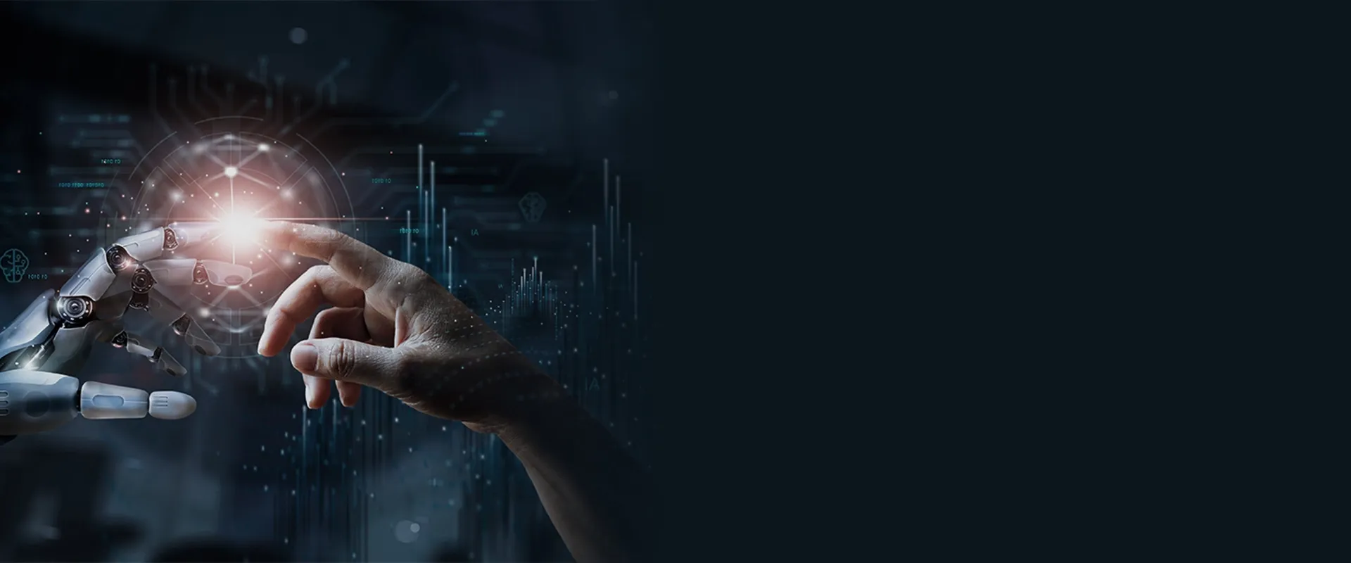 A human hand and a robotic hand reaching out to connect