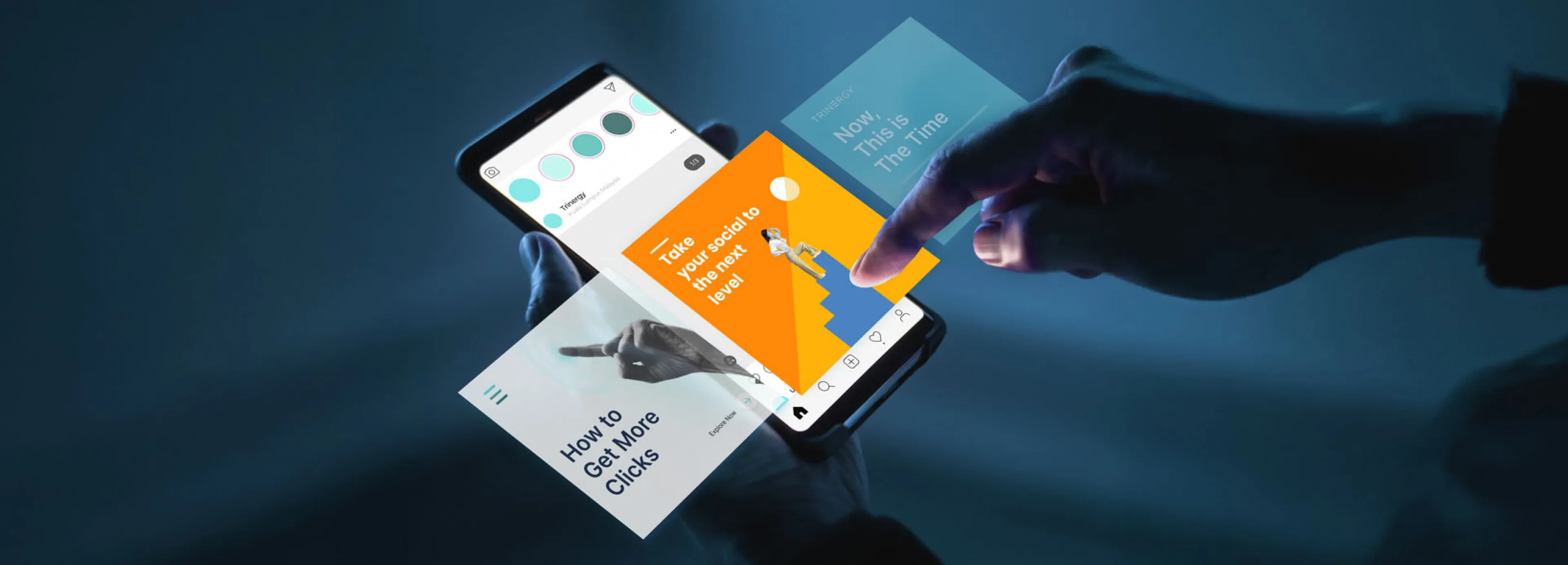 3D mobile interface showcasing social media design tips like How to Get More Clicks