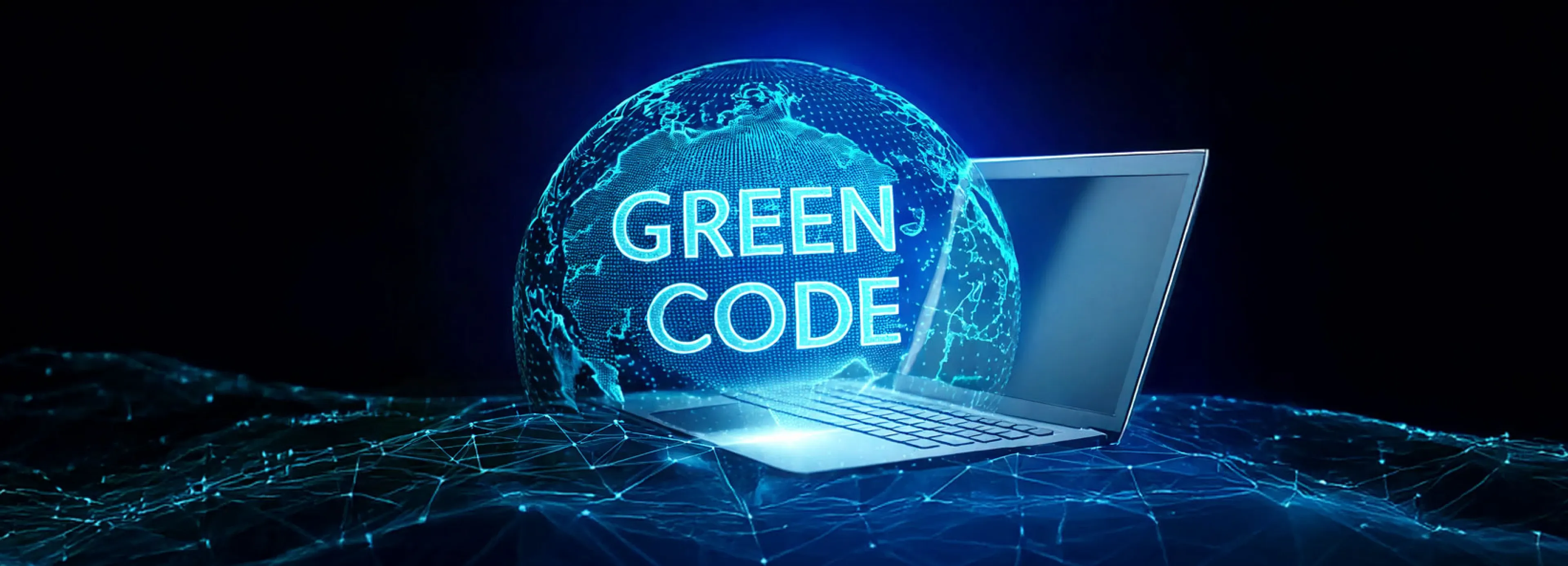 Laptop with a glowing green digital globe and text "Green Code"