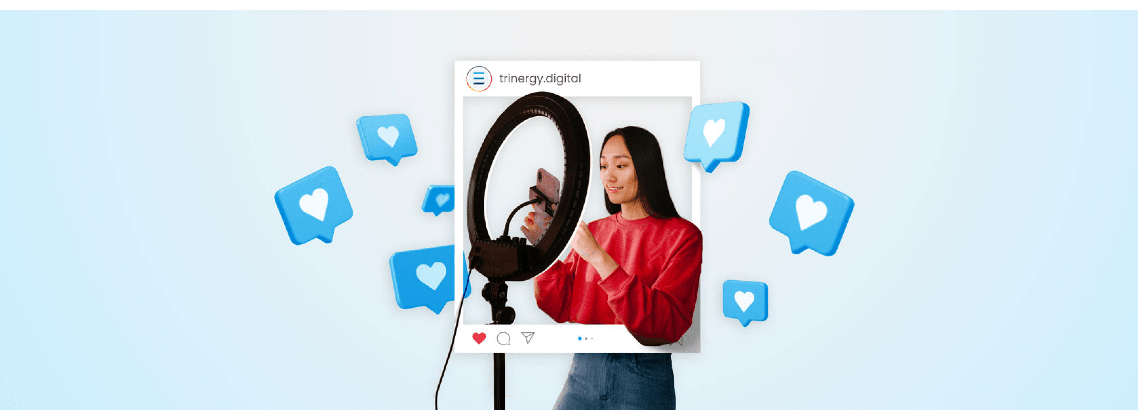 Woman creating social media content with a smartphone and ring light