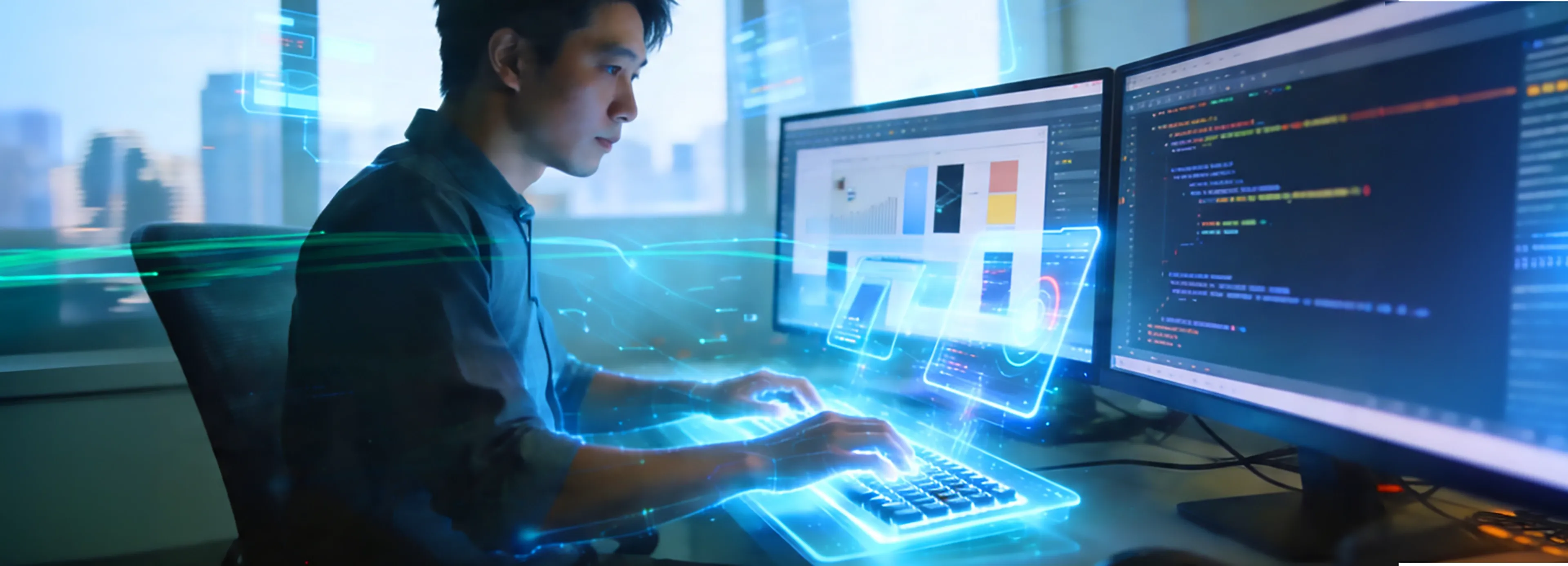 Frontend and backend collaboration in web and software development, showing user interfaces