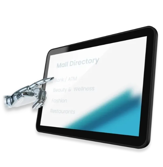 A futuristic robotic hand interacting with a digital screen