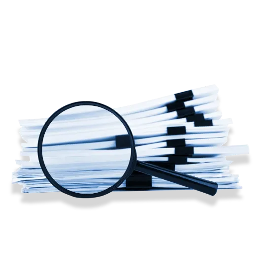 A magnifying glass over a stack of documents symbolizing Trinergy's focus on detailed research