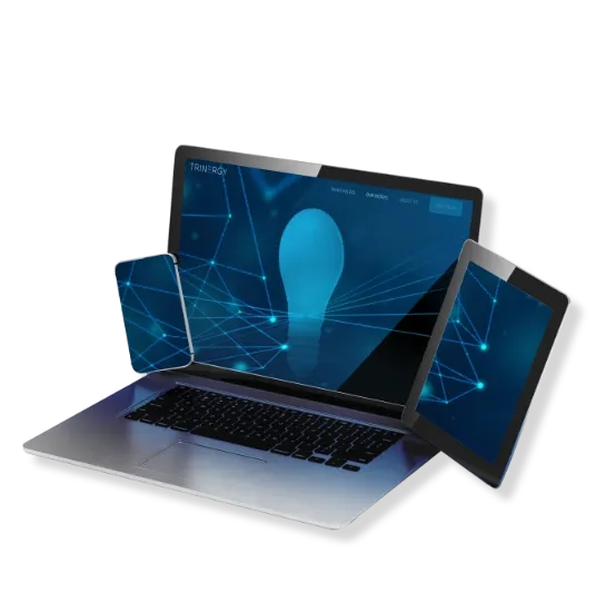 A laptop, tablet, and smartphone showcasing innovative digital technology solutions by Trinergy