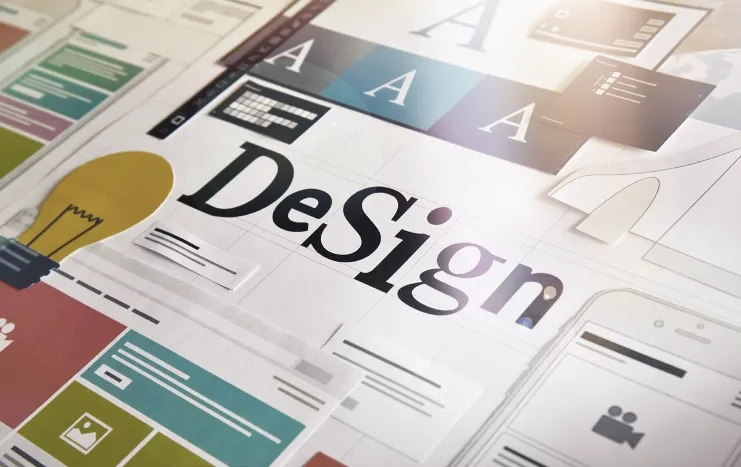 Close-up of creative design elements and typography layouts showcasing Trinergy's innovative design