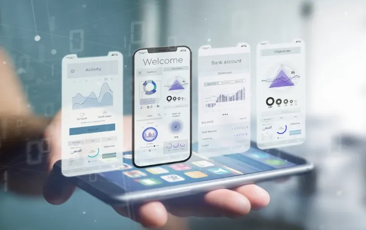 Interactive mobile app screens displaying data analytics and graphs
