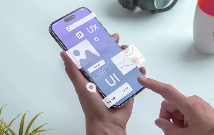 A smartphone displaying UI/UX design elements, including graphs, user profiles, and navigation