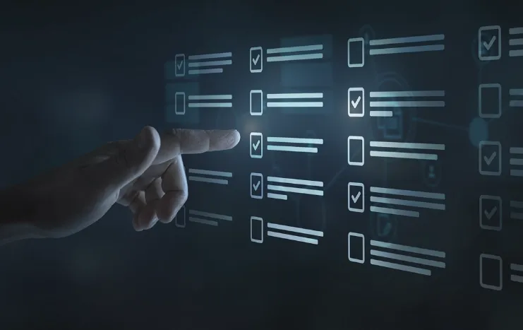 A person interacting with a futuristic digital checklist interface