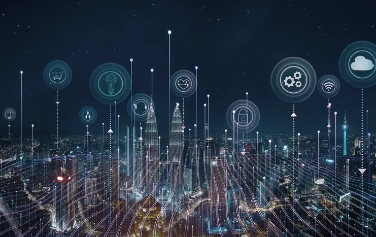 A futuristic cityscape illuminated with interconnected IoT icons