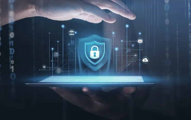 Digital shield icon hovering over a tablet