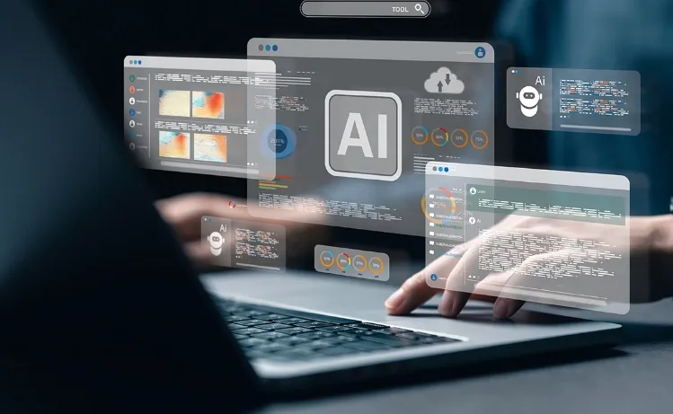 A person working on a laptop surrounded by futuristic AI-driven data interfaces