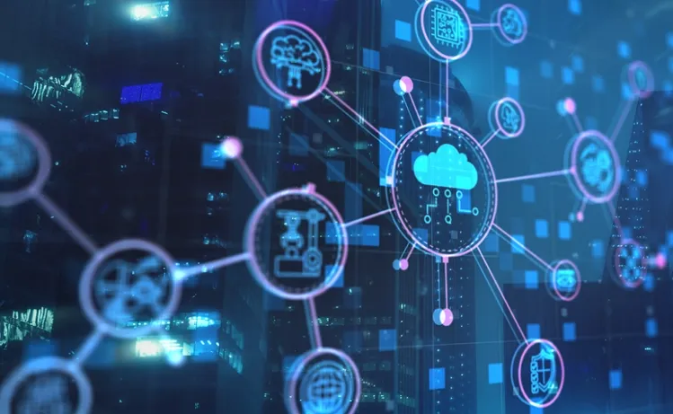 Digital illustration of interconnected cloud computing icons representing network technology