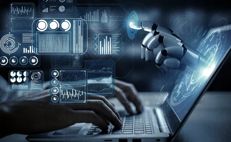 Futuristic AI technology concept showing a robotic hand interacting with digital data