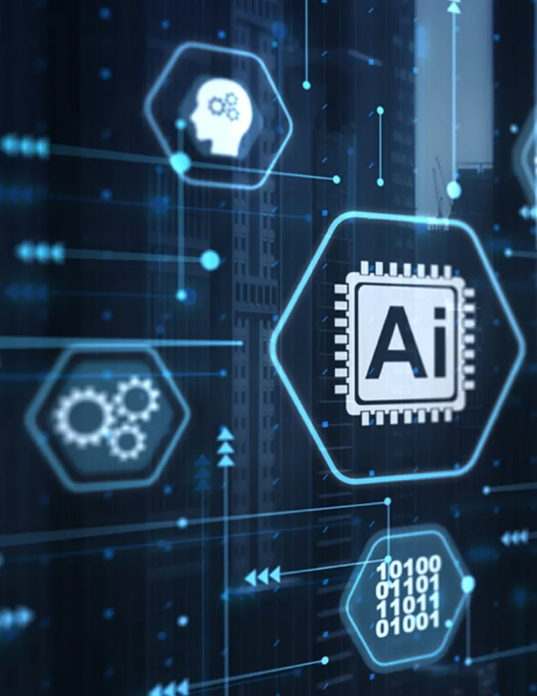 Digital representation of AI technology with icons of artificial intelligence, gears
