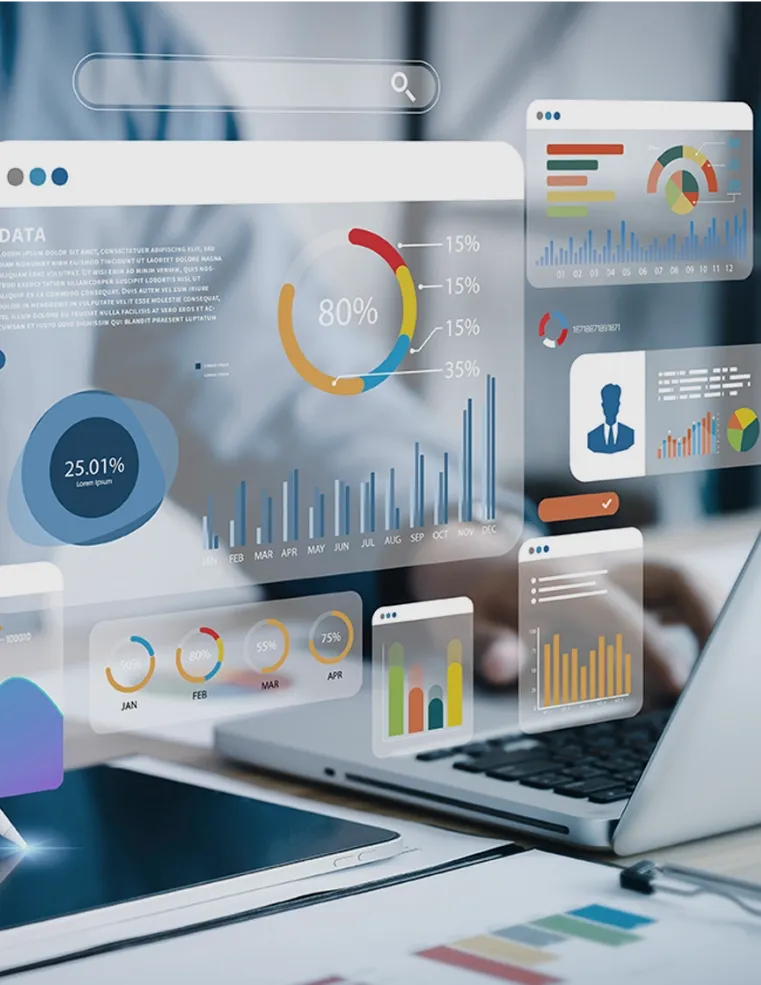 A digital dashboard displaying data analytics graphs and charts