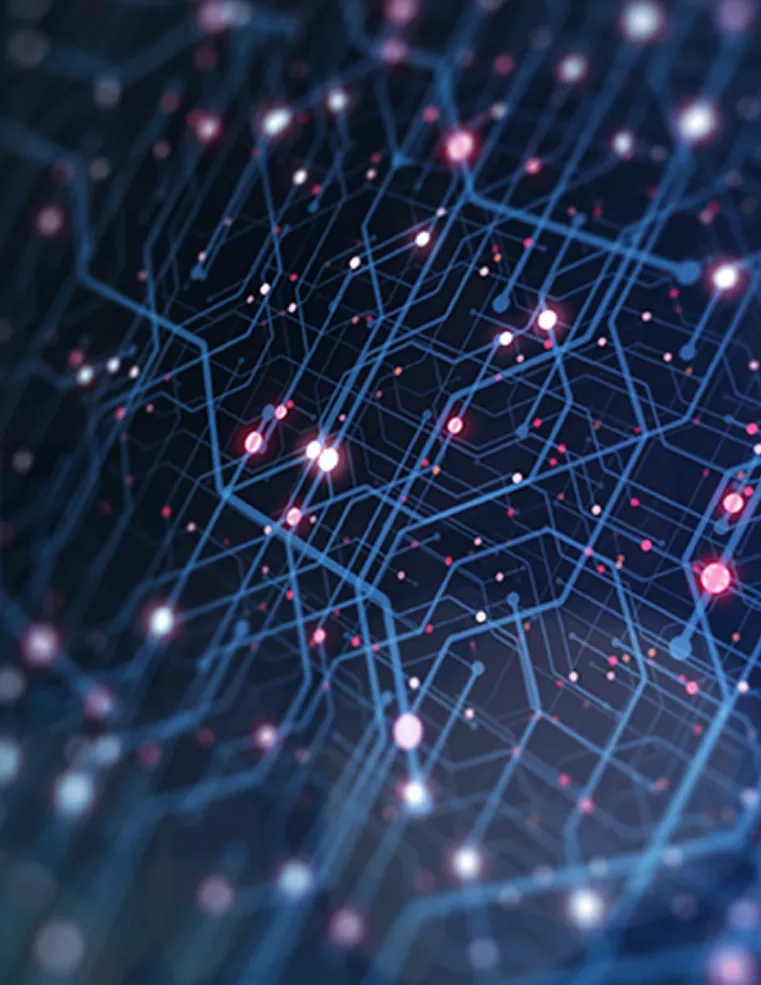 Abstract visualization of interconnected blue and red digital data lines