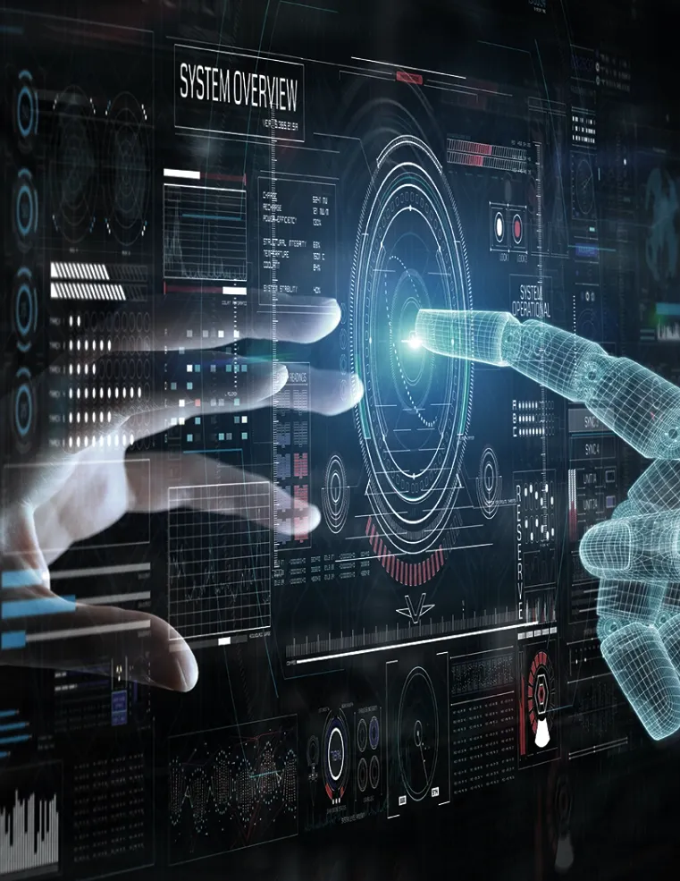 A human hand and a digital AI hand reaching towards a glowing interface