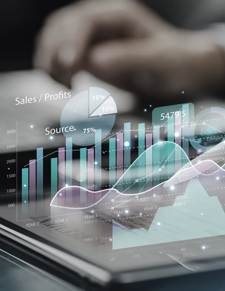 Close-up of digital analytics dashboard showing graphs, charts, and sales data