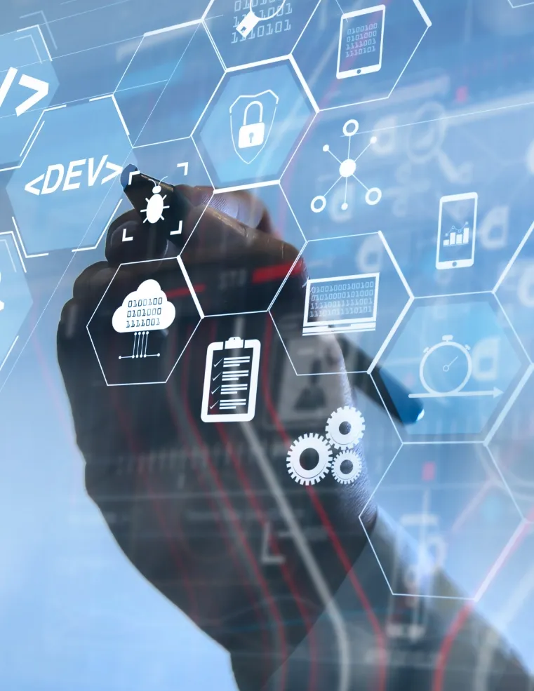 A hand interacting with a futuristic digital interface featuring icons for software development