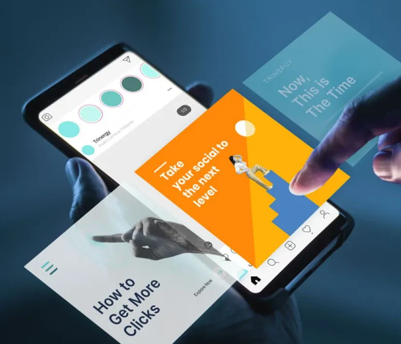 3D mobile interface showcasing social media design tips like How to Get More Clicks