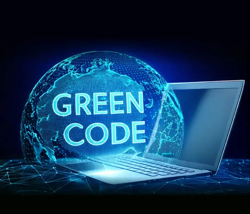 Laptop with a glowing green digital globe and text "Green Code"