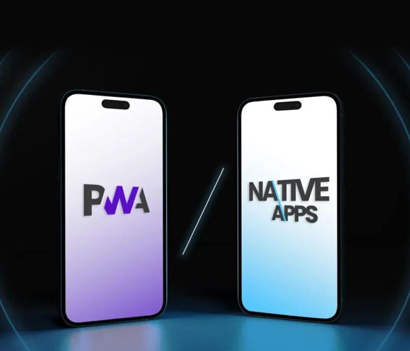 Side-by-side smartphones displaying "PWA" and "Native Apps"
