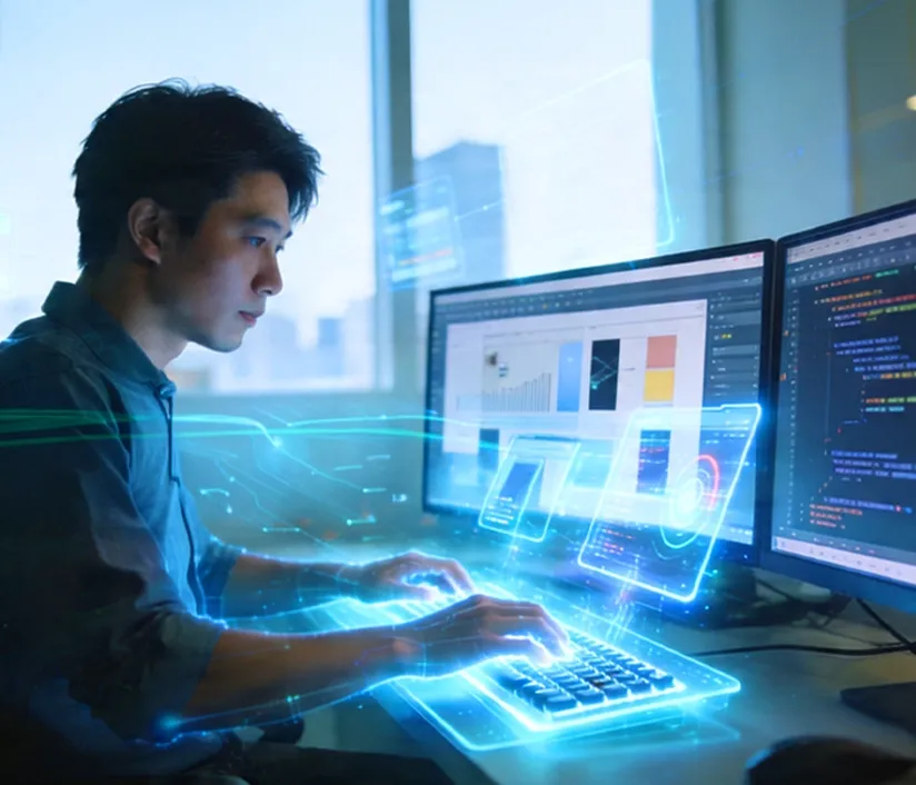Frontend and backend collaboration in web and software development, showing user interfaces
