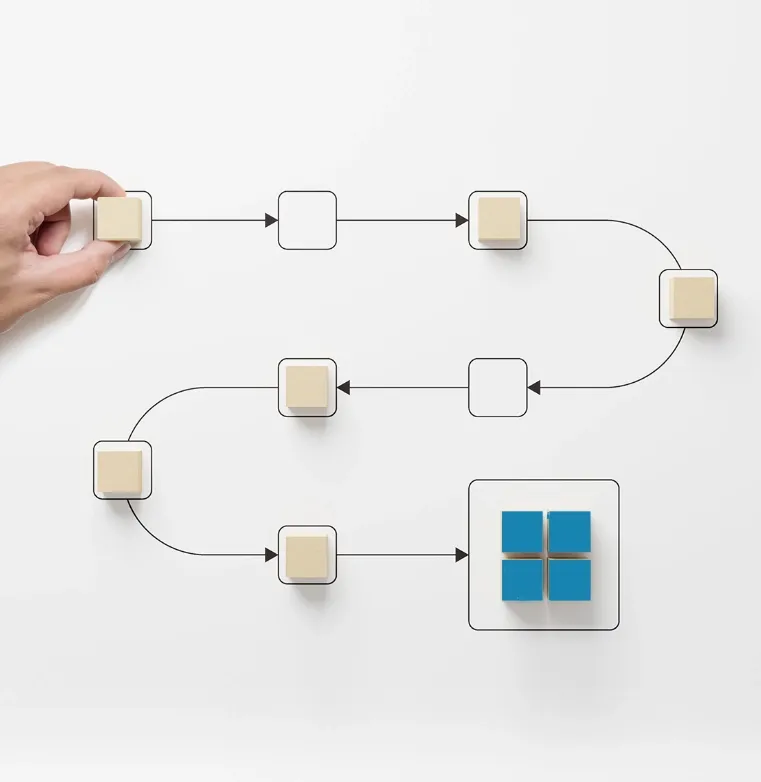 Wooden block being placed in a project management flowchart, symbolizing Trinergy’s structured project management process.
