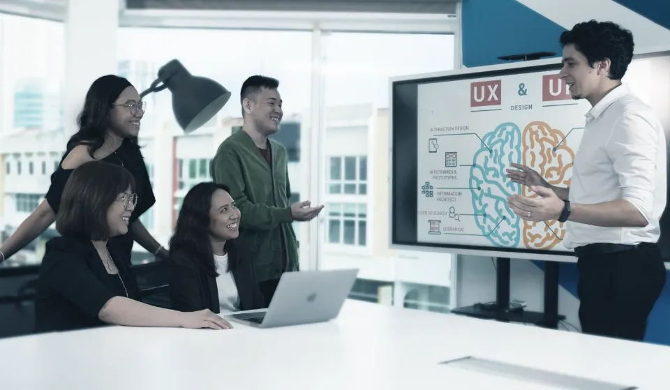 A team of professionals collaborating on UX and UI design at Trinergy, fostering innovation and interactive user experience solutions.
