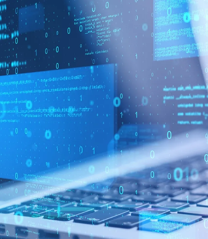 Image is an artistic description of the testing phase at Trinergy. The image contains artistic code, laptop monitor, and a keyboard