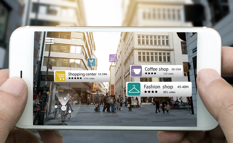 Augmented reality navigation on a smartphone showing directions to nearby shopping, coffee shops, and fashion stores, enhancing user experience through Trinergy's innovative AR solutions.
