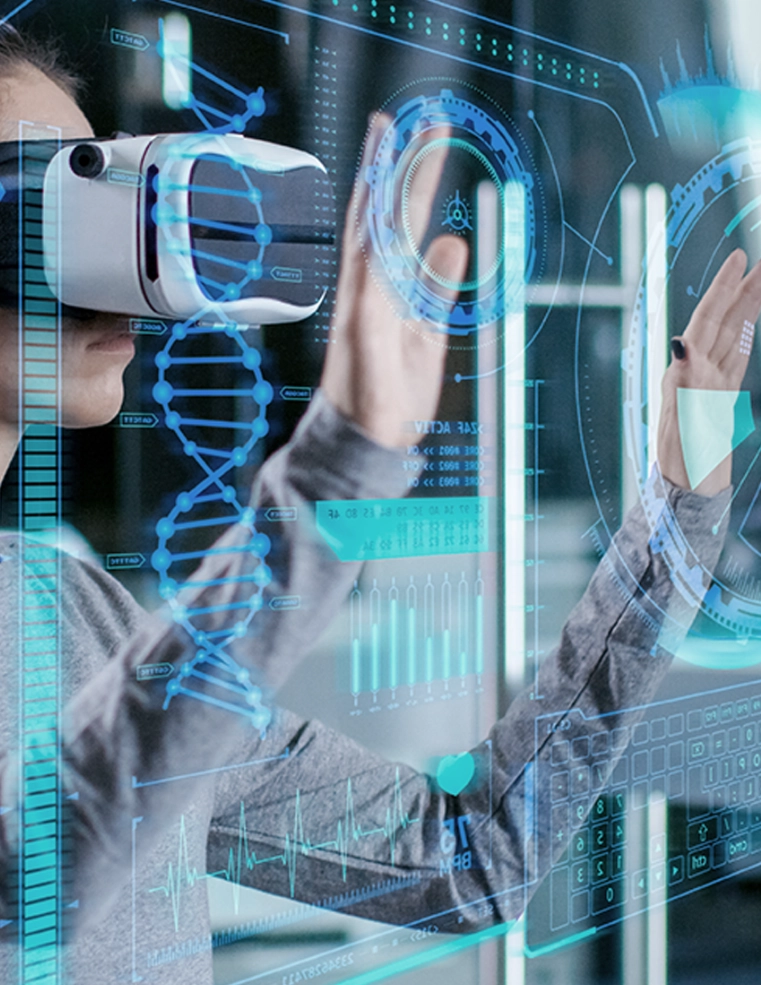 Person using virtual reality technology with futuristic digital interface, showcasing Trinergy's advanced VR solutions for immersive and innovative experiences.