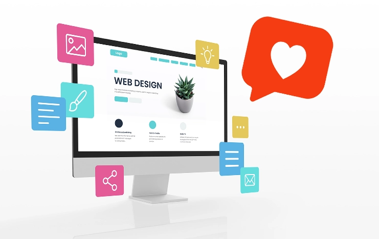 Modern web design concepts on a computer monitor with colorful icons, illustrating Trinergy's creative and engaging digital solutions.