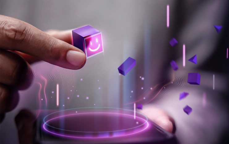 Hand holding a holographic display, symbolizing enhanced brand differentiation through immersive virtual reality experiences created by Trinergy.