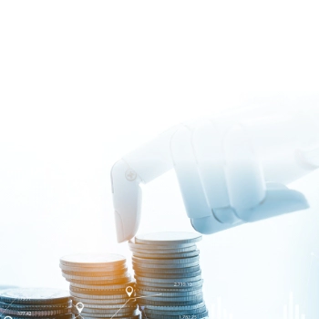 Robotic hand stacking coins symbolizing AI-driven financial automation