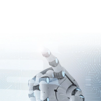 Robotic hand reaching toward virtual interface on white background with tech circuit elements