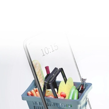 Smartphone in grocery basket with food items representing mobile grocery shopping and digital retail