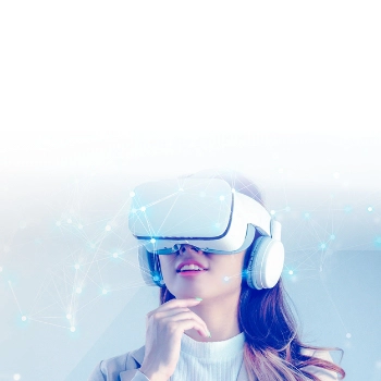 Woman wearing virtual reality headset with digital network overlay, exploring immersive VR experience