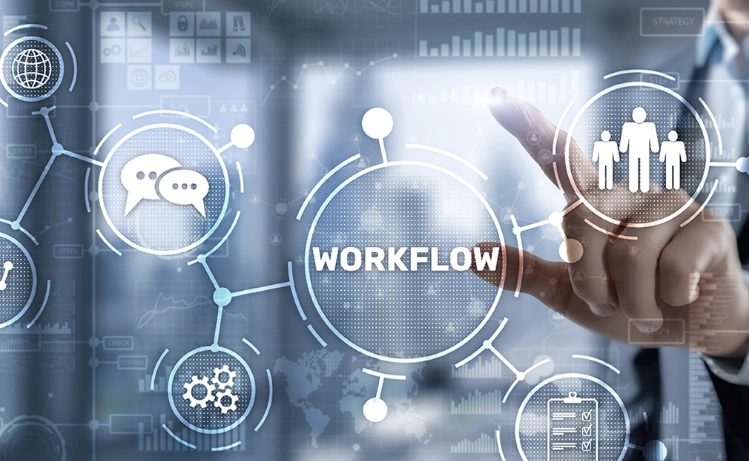 A person interacting with a digital workflow interface, showcasing Trinergy's advanced solutions for optimizing business processes and enhancing team collaboration.